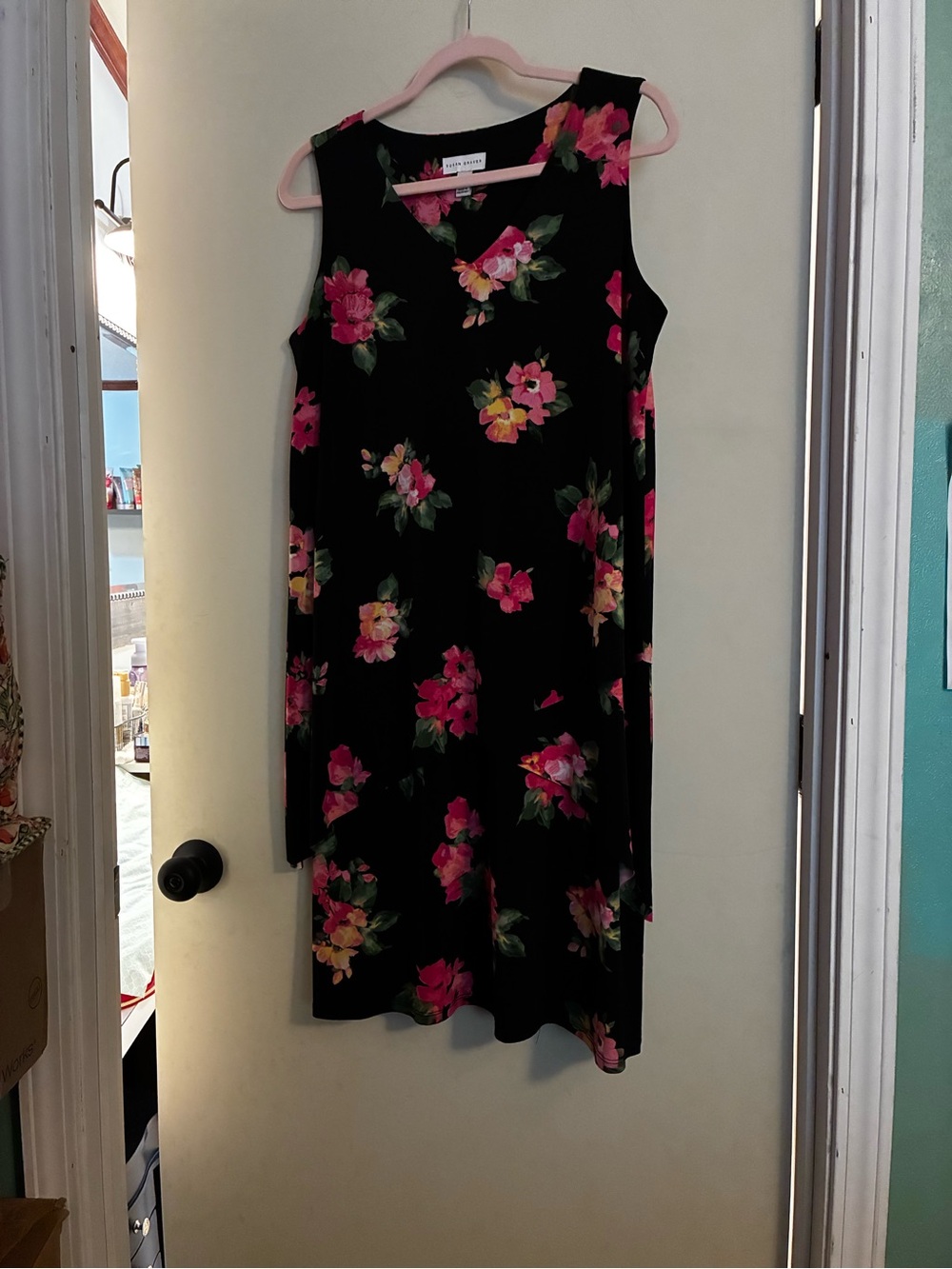 Susan Graver Floral Tiered Sleeveless Black Dress with Pink Blooms